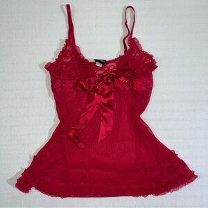 Fredericks of Hollywood Red Lacy Lingerie Chemise Size Small Valentines Bow Sexy